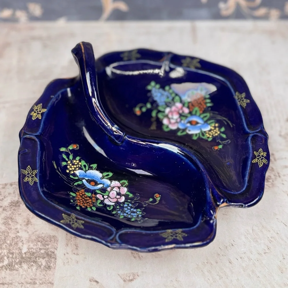 Vintage Tashiro Shoten Japan Cobalt Moriage Divided Candy Nut Dish